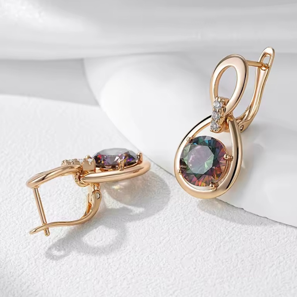 Rose Gold Water Drop Colorful Natural Zirconia Earrings - Picture 5 of 7